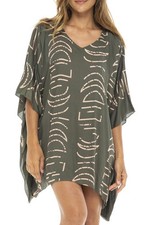 Womens Swimsuit Cover Up Khaki Green Short Poncho Geometric Print Pullover Be...
