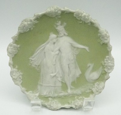 Antique Schafer & Vater Green Jasperware Cameo 5'' Plate Leda & Zeus/Swan Rosette