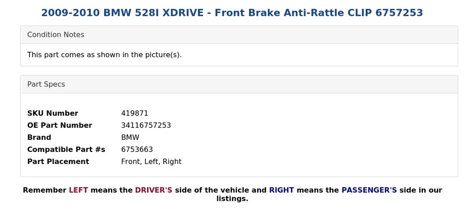 2009-2010 BMW 528I XDRIVE - Front Brake Anti-Rattle CLIP 6757253 - Image 4 of 4