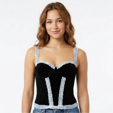 Vtg Y2K Corset Top Women 34B Black Blue Lace Trim Coquette Goth Lingerie Fairy