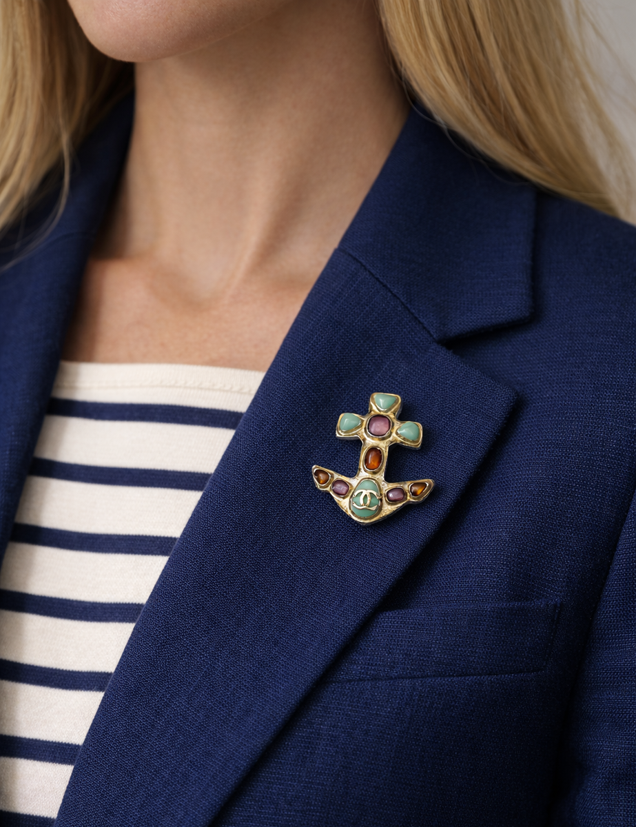 CHANEL 2018 Anchor Brooch Pin Gold Tone Multicolor Cabochon CC