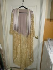 Vtg 1970s Open Front Robe Wedding Peignoir Beige lace  Mauve Tan Satin -M-L