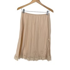 Vtg Womans Satin Slip Skirt Lace Trim Elastic Waist L Beige Side Slit Coquette