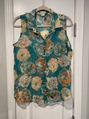 Love Notes Size S Turquoise Floral Sheer Button Down Sleeveless Top