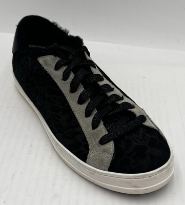 P448 John Womens Sneakers Size7.5-8 Black Gray Leopard Faux Fur Lined  Shoes