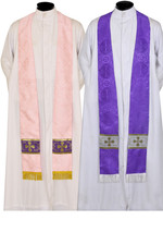 Advent / Lent Budget Damask Priest Stoles with Cross Orphrey and Fringe - Availa