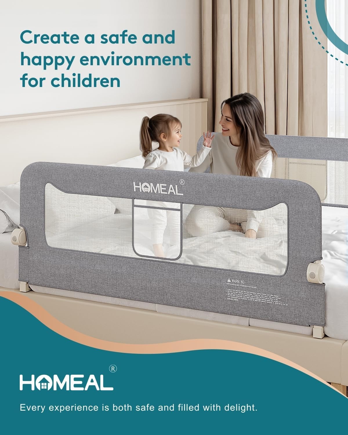 HOMEAL Bed Rail for Toddlers, 59in Swing Down Baby Bed Rail Guard, Grey