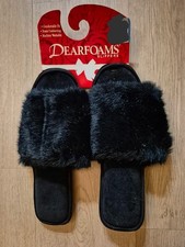 Dearfoams Women's Black Plush Faux Fur Slide Slippers US Size 9-10 NWT