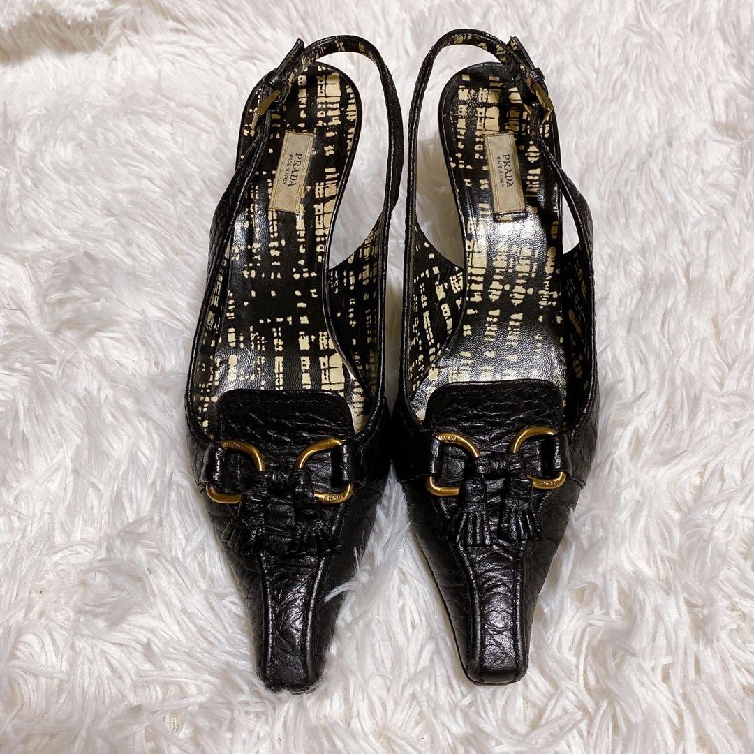 Rare PRADA Women's Black Logo Heel Pumps Sandals Size EU35/US5 Auth thumbnail 2