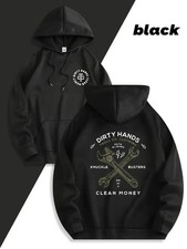 Men's Black Fleece-Lined Hoodie - Dirty Hands  Clean Money Graphic, Unisex Casu