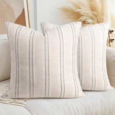 AELS 26x26 Farmhouse Boho Textured Linen Throw Pillow Covers Set of 2 Beige Stri
