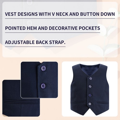 Kids Boys Gentleman Suit Formal Suit Solid Color Buttons Down Vest Waistcoat - Picture 12 of 52