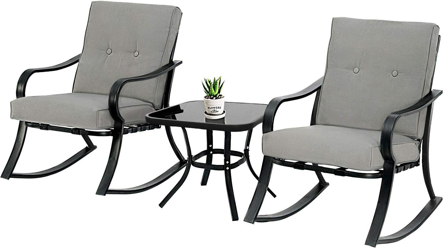 Solaura Outdoor Rocking Chairs Bistro Set 3 Piece Black Steel Furniture With For Sale Online Ebay