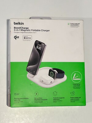 Belkin Boost Charge 3-in-1 Qi2 15W Magnetic Foldable Charger w/ Magsafe - White