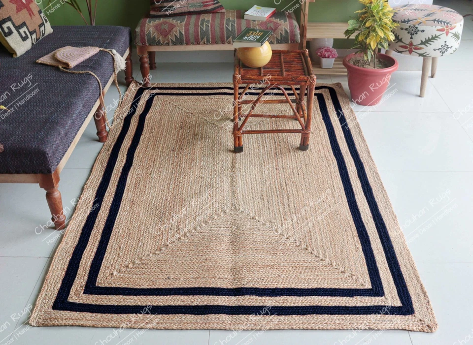 Beige Color Rug With Navy Blue Border Handwoven Rug Beautiful Braided Jute Rugs - Image 3 of 4