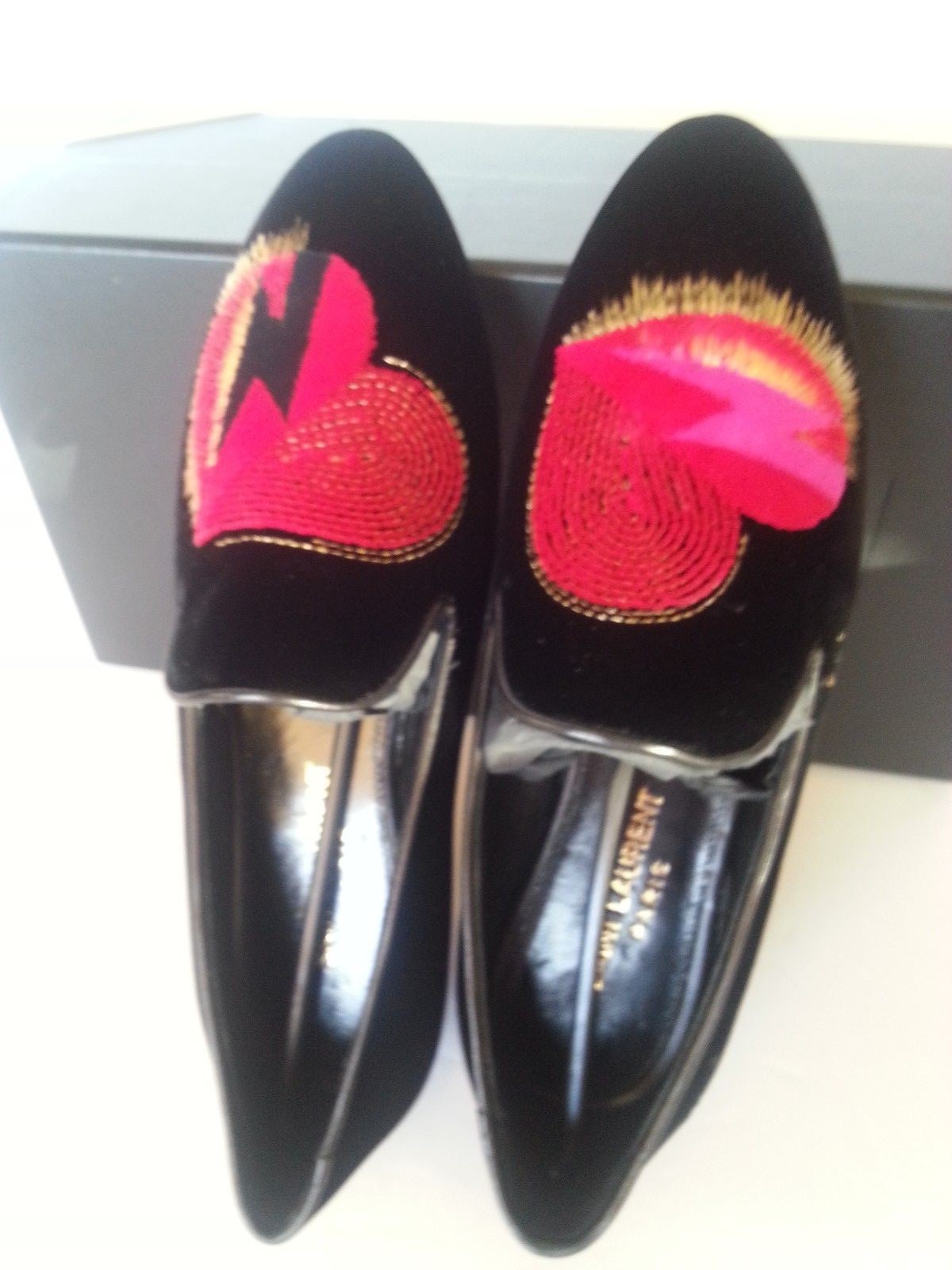 NUOVE pantofole da fumo originali Saint Laurent YSL cuori in velluto FUNZIONANO PICCOLE 37 7 US