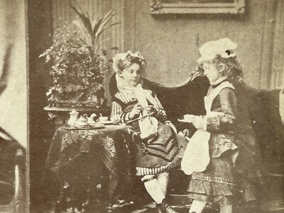Role Playing Game Two Girls ''Tea Hour'' Photo c1870 Stereo Vintage Albumin