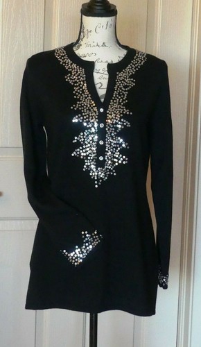 Allegra Womens Sweater Black with Sequins Shoulder & Cuffs Size M