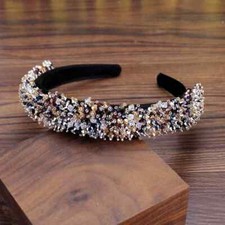 LUXURY HANDMADE BLACK SATIN HEADBAND WITH MULTI COLOURED CRYSTAL BEADS