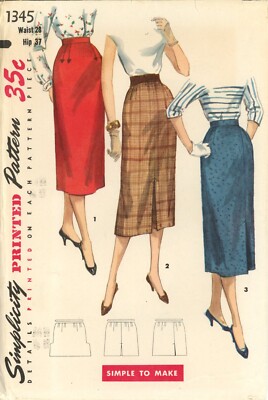 Simplicity 1345 One-Yard Slim Skirt w Inverted or Side Pleat Sz 28'' Waist CUT