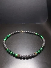 Black Lava Rock and Green Tiger's Eye Necklace 16"