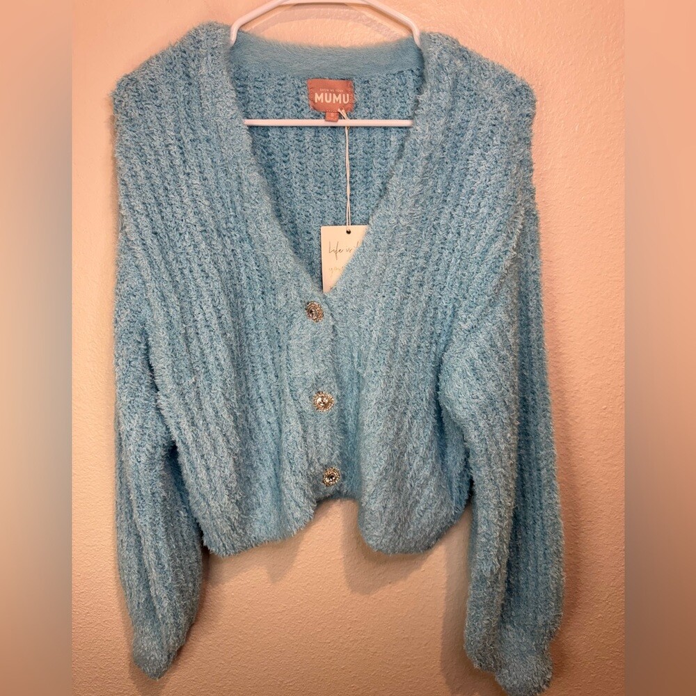 NWT SHOW ME YOUR MUMU clemmie cardi in highlighter blue knit