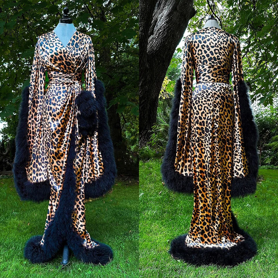 Ladies Bathrobe Fashion Leopard Print Plus Fur Decorative Bathrobe Dress Custom - Image 2 of 4