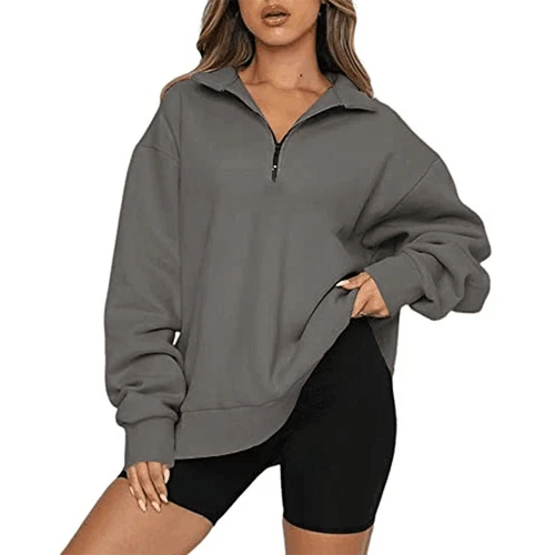 Womens Oversized Half Zip Pullover Long Sleeve Sweatshirt Hoodie Sweater Blouse - Picture 37 of 75