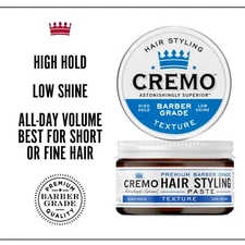 Cremo Barber Grade Hair Styling Paste. Thickening High Hold Low Shine 2 Oz