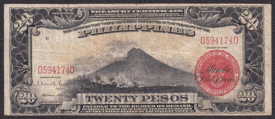 1936 US Philippines 20 Pesos Treasury Certificate Banknote Red Seal P85a - Image 2 of 4