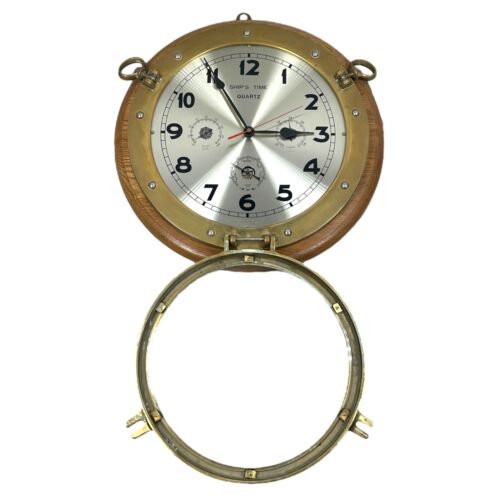Antique Marine Corps Ship Porthole Analog Solid Brass and Wood Wall Clock Quartz - Picture 2 of 11