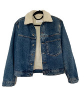 Helmut Lang 90's Style Women's Padded Blue Denim Jacket Sheepskin Fleece Size S