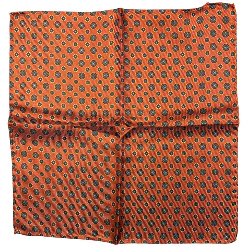 Altea Silk Pocket Square Orange Brown Blue Medallion Made in Italy 12.5"
