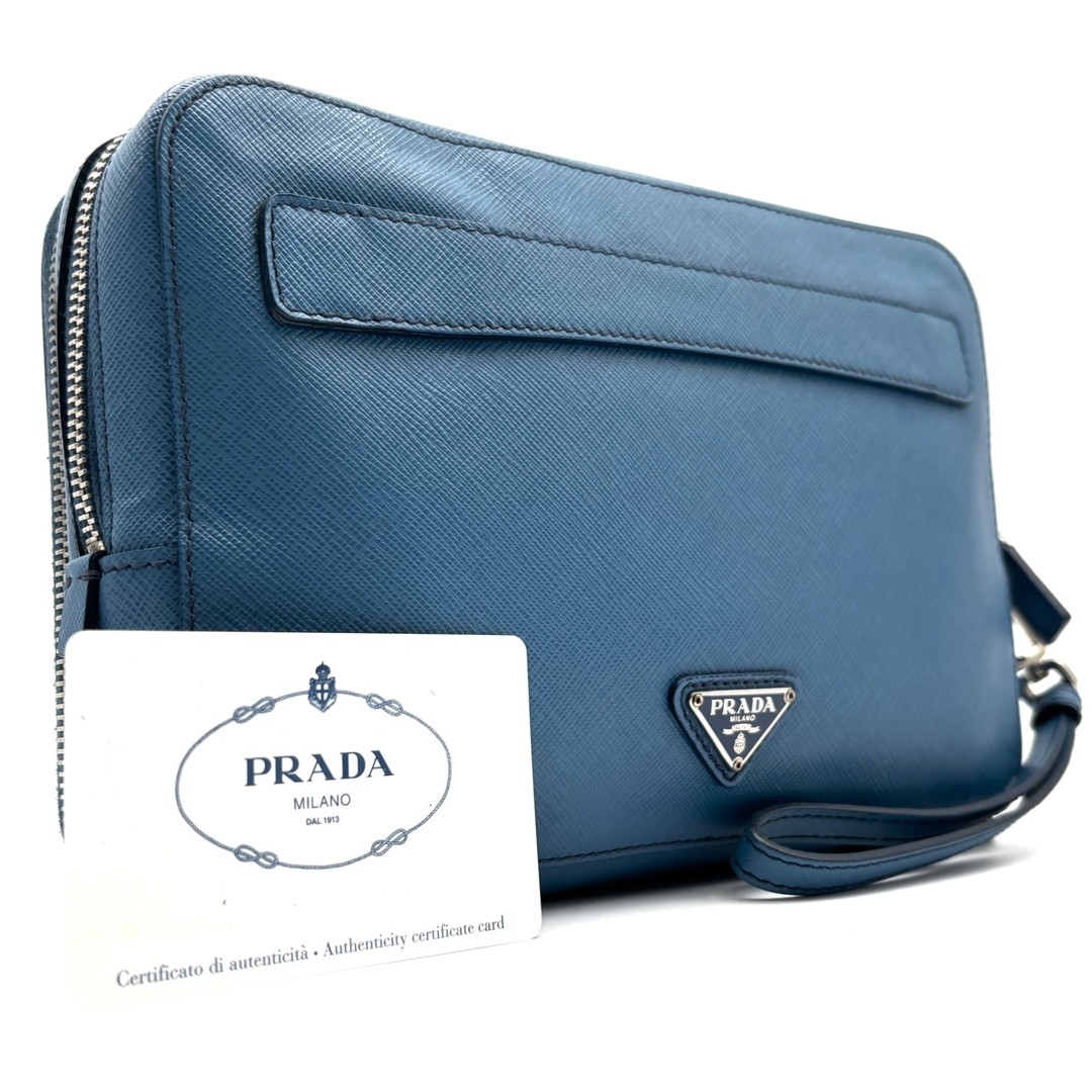 PRADA VR0052 Saffiano Leather Sky Blue Clutch Bag Men’s Travel Business