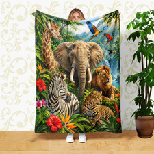 Elephant and Jungle Animals Tropical Waterfall Coral Fleece Blanket