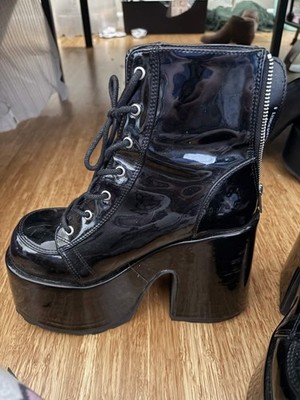 DEMONIA CAMEL-203 Chunky Heel Platform Black Patent Boots | Women's Size 8