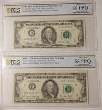  1974- $100 Dollar Bills- 2 Sequential ⭐ Note Serial #s-  PCGS 55PPQ-rare!