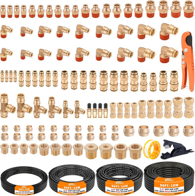 124 PCS Brass DOT Air Line Fittings with 4 Roll 50FT 1/8'' 1/4'' 3/8'' 1/2'' DOT Air