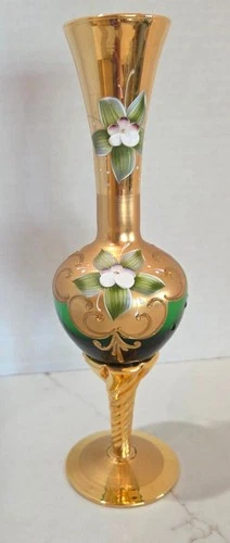 Vtg Vecchia Murano Hand Blown Glass Vase 24kt Gold Overlay Green Floral Signed