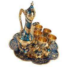 (Gold Blue)Vintage Turkish Tea Set Multifunctional Zinc Alloy Tea Pot Cups Set