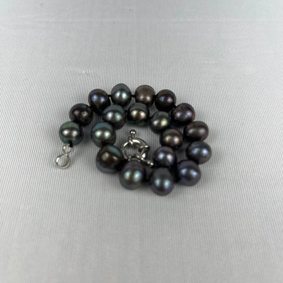 Antiga pulseira de pérolas com nós de pavão taitiano preta 9-10 mm prata fecho alternado 8" - Imagem 2 de 3