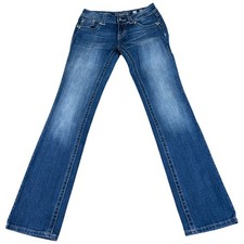 Miss Me Straight Jeans Womens 28 Blue Embroidered Logo Medium Wash Rhinestone