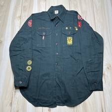 Boy Scouts of America BSA Button Up Shirt Green Mens Small Vintage Patches
