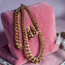 Gold Tone Chain Necklace Bracelet and Earrings Set - Chunky Link Design JB7 