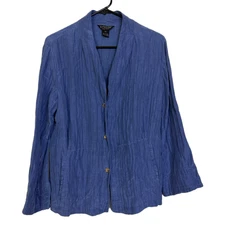 Citron Santa Monica Jacket Womens PL Blue Linen Silk Button Up Crinkle *Flaw