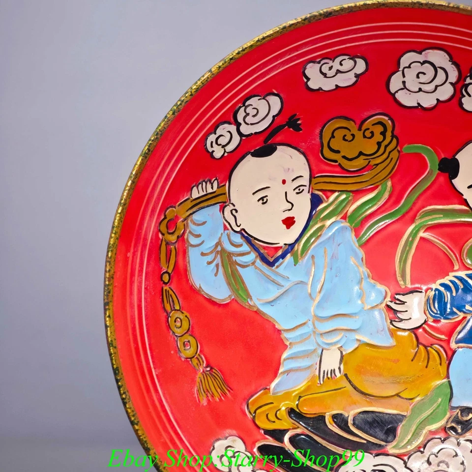 Antiguo Horno Ding Dinastía Song Esmalte Rojo Color Porcelana Dorado Tongzi Niño Bandeja Plato Foto 3 de 4