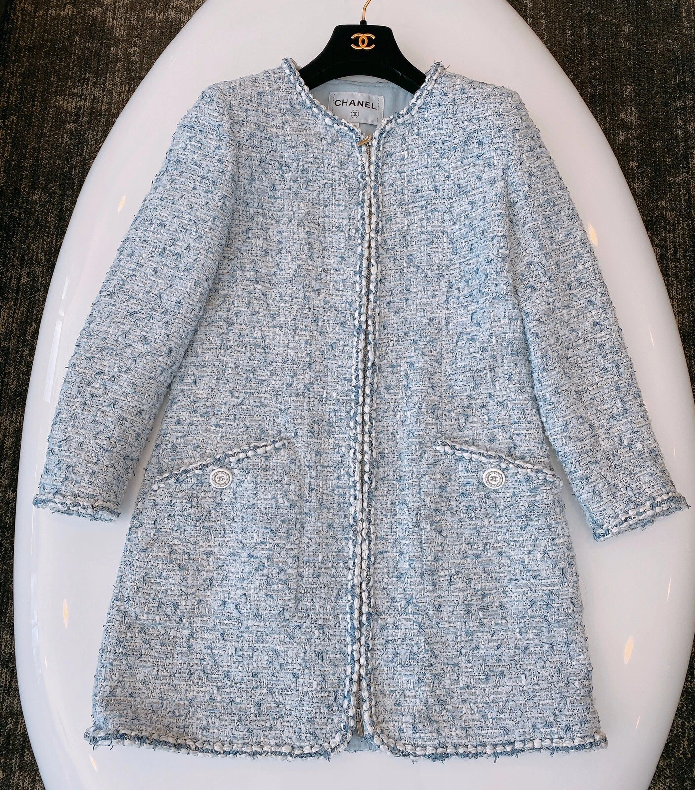 ☆PRE PROPRIETÀ☆2019 19C Abito Giacca in Tweed Chanel La Pausa FR 36 blu