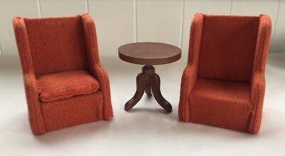 German Dollhouse Furniture - 2 Fabric Chairs & Round Table - 1 Pillow
