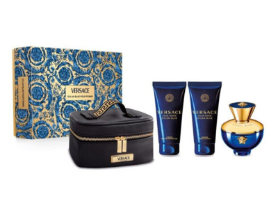 Versace Dylan Blue Women 4pc 3.4oz EDP, 3.4oz Shower & Lotion, Small Beauty Case