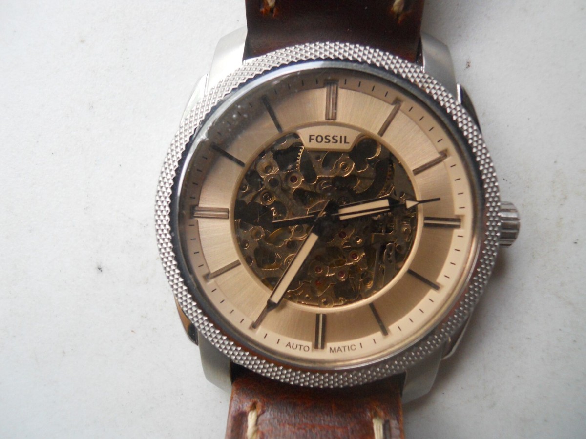 Fossil Mens Watch 38mm Gray Skeleton Dial Gold Tone Brown Leather Automatic Fossil, Men main image 4